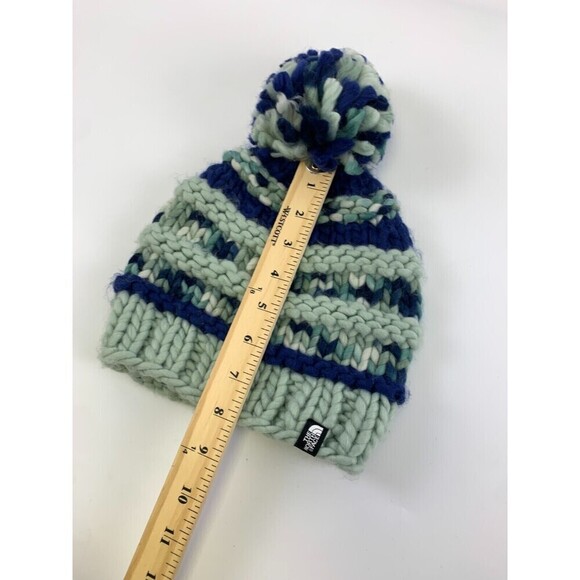 North Face Nanny Knit Beanie Blue Striped Chunky Pom Pom NF00A9EW Adult One Size - Picture 7 of 11